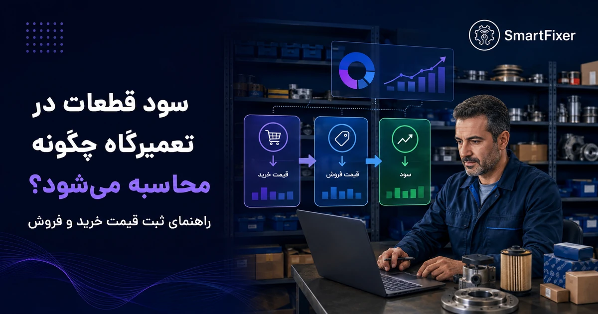 مدیر تعمیرگاه در حال بررسی قیمت خرید، قیمت فروش و سود قطعات در اسمارت‌فیکسر